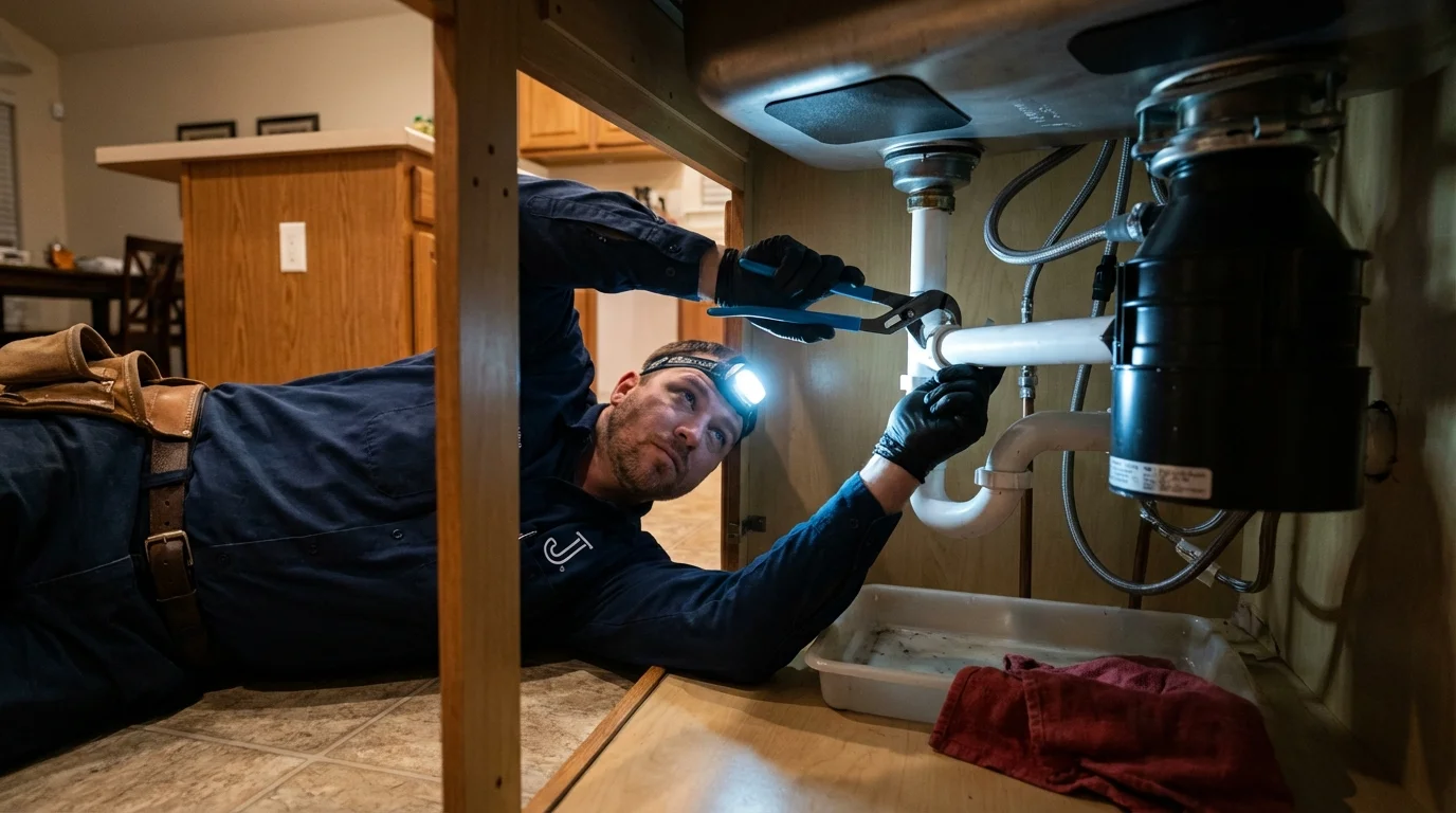 P-trap and supply line connections under a kitchen sink showing a common leak point in Bedford, TX